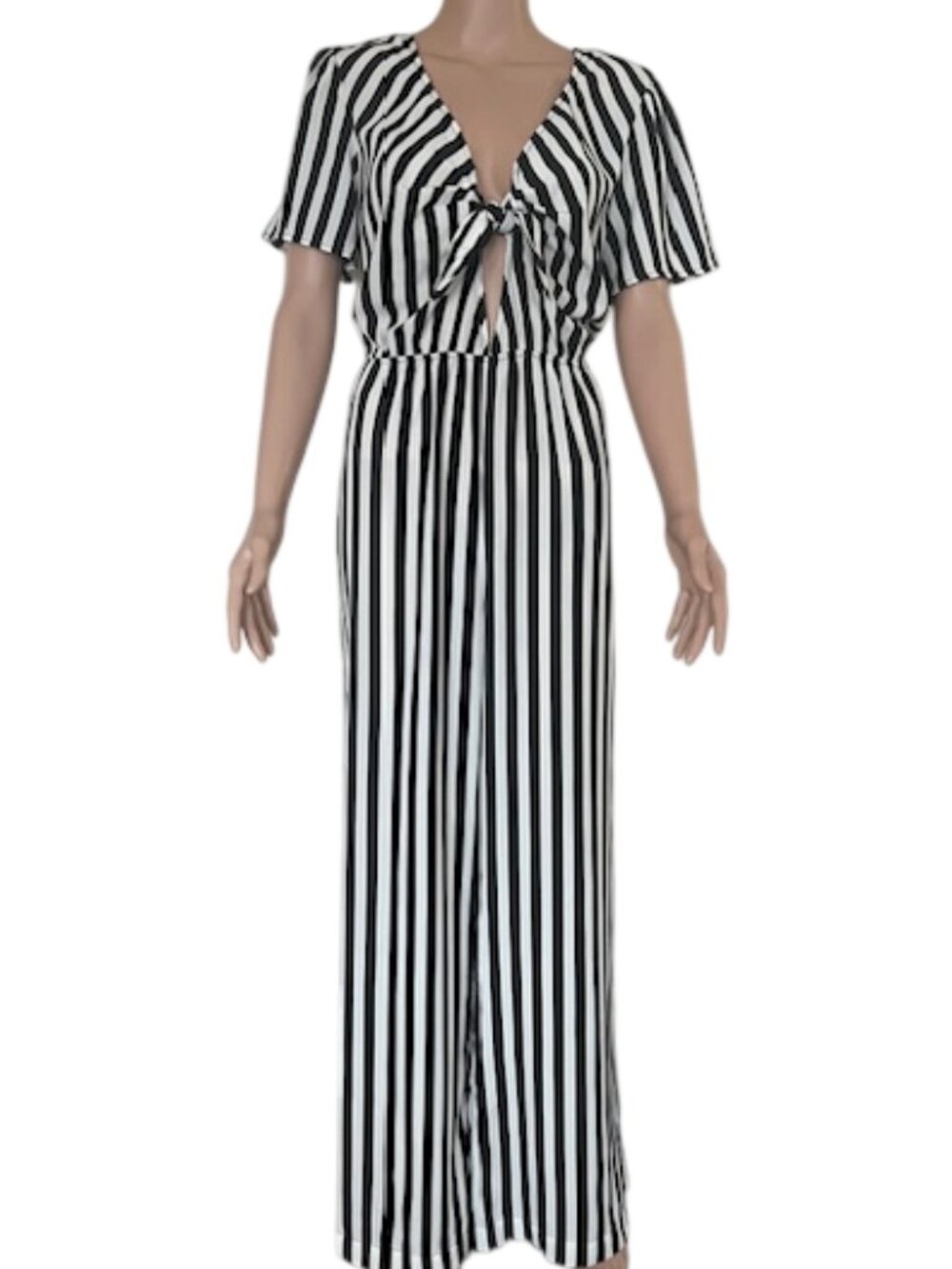 LOVE,FIRE Striped Tie‑Front Wide‑Leg Jumpsuit – Black/White – Size L  NWT